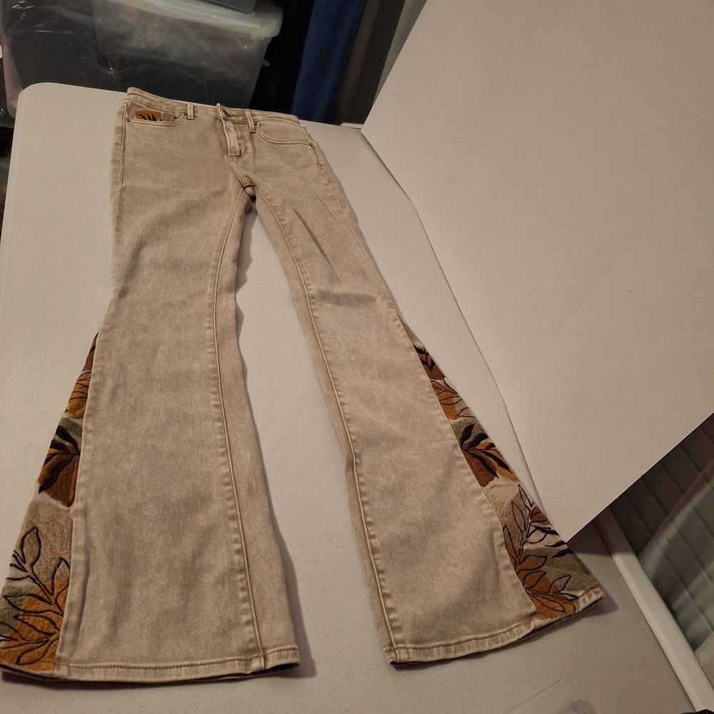 DRIFTWOOD Tan Wide Leg Jeans with Floral Panel